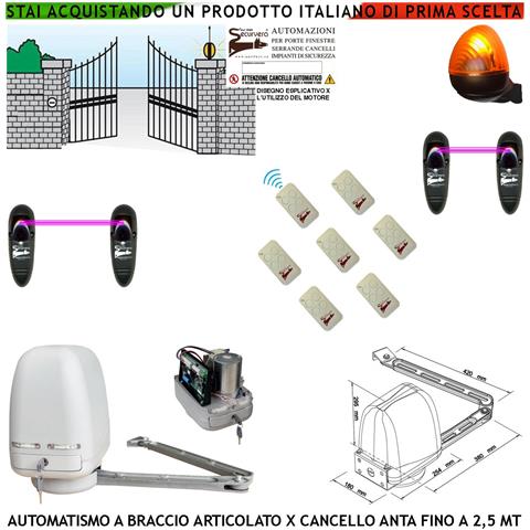 Automazione Cancello Kit Motore A Braccio Articolato 220/24 V Anta Battente Da 0,5 A 2,5 Mt Centrale 7 Radiocomandi Fa - Foto 1
