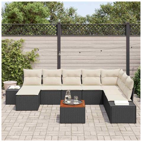Set di Sofà da Giardino 9 Pezzi con Cuscini Neri in Polyrattan Acacia - Foto 2