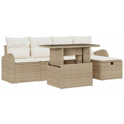 Set Divano da Giardino a 6 Pezzi con Cuscini Beige Rattan Poliestere - Foto 1