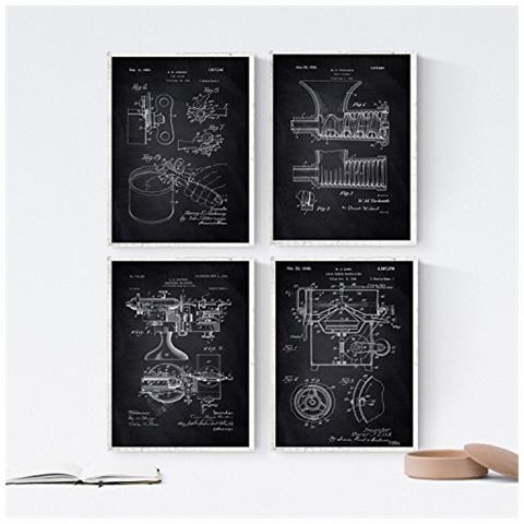 Set Di 4 Stampe Stampe Con Brevetti Di Utensili Da Cucina Manifesti Con E Vecchi Brevetti Cucina Disegno Di Alta Qualità Sfondo Senza Cornice A4 - Foto 1