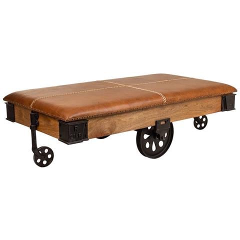Tavolino In Legno, Metallo E Pelle Marrone 165x90x52h - Foto 1