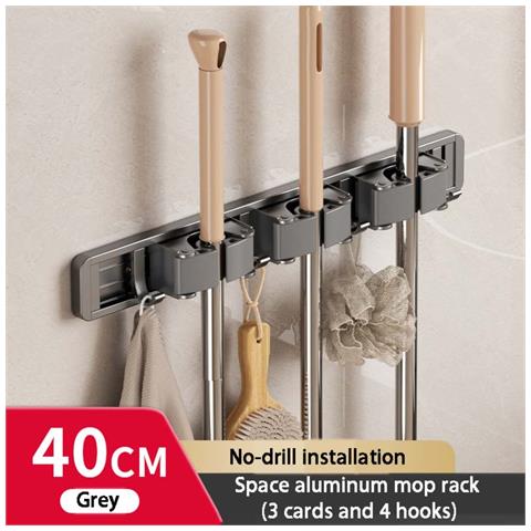 Porta Scope E Mop A Parete 40cm - Alluminio Space, 3 Clip E 4 Ganci, Impugnatura Silicone Antiscivolo, Spaziatura Regolabile - Foto 2