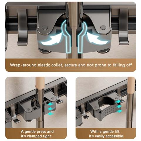 Porta Scope E Mop A Parete 40cm - Alluminio Space, 3 Clip E 4 Ganci, Impugnatura Silicone Antiscivolo, Spaziatura Regolabile - Foto 6