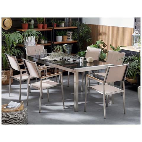 Set Di Tavolo E 6 Sedie Da Giardino In Acciaio, Basalto E Fibra Tessile Beige - Nero Lucido - 180cm - Grosseto - Foto 30