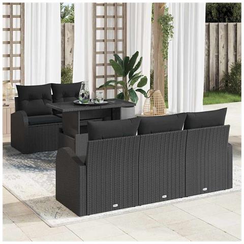Set da Giardino in 6 Pezzi con Cuscini Nero Rattan Polyrattan, Divano da Giardino a 2 Posti con Ripostiglio e Cuscini Nero Rattan Polyrattan - Foto 2