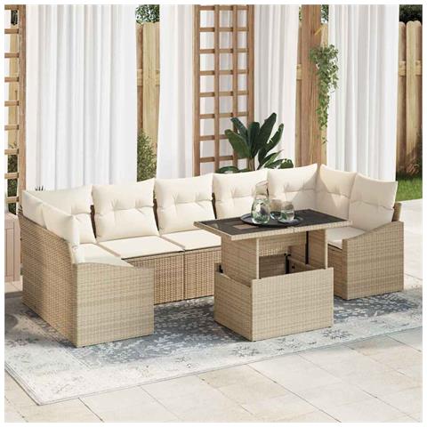 Set di Divani da Giardino da 8 Pezzi con Cuscini Beige in Polyrattan - Foto 2