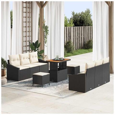 Set di Sofà da Giardino 9 Pezzi con Cuscini Neri in Polyrattan,  Sofà da Giardino per 2 Persone con Spazio di Stoccaggio & Cuscini Neri in Polyrattan,  Set da Pranzo Giardino 3 Pezzi con Cuscini Neri in Polyrattan - Foto 2