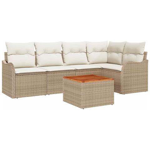 Set Divano da Giardino a 6 Pezzi con Cuscini Beige Rattan Poliestere Acacia, Divano da Giardino a 2 Posti con Ripostiglio & Cuscini Beige Rattan Poliestere - Foto 1