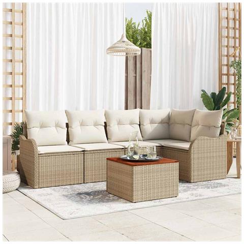 Set Divano da Giardino a 6 Pezzi con Cuscini Beige Rattan Poliestere Acacia, Divano da Giardino a 2 Posti con Ripostiglio & Cuscini Beige Rattan Poliestere - Foto 2