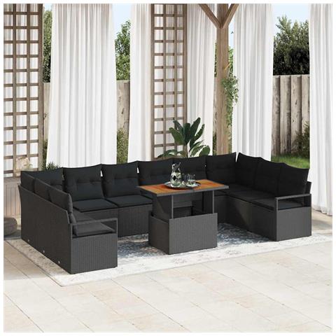 Set Divano Giardino  11 Pezzi con Cuscini Rattan Polietilene Nero, Divano Giardino Due Posti  con Contenitore e Cuscini Rattan Polietilene Nero - Foto 2