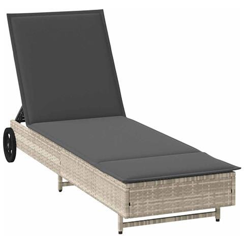 Lettino Prendisole con Ruote e Cuscino Polyrattan Grigio Chiaro - Foto 1