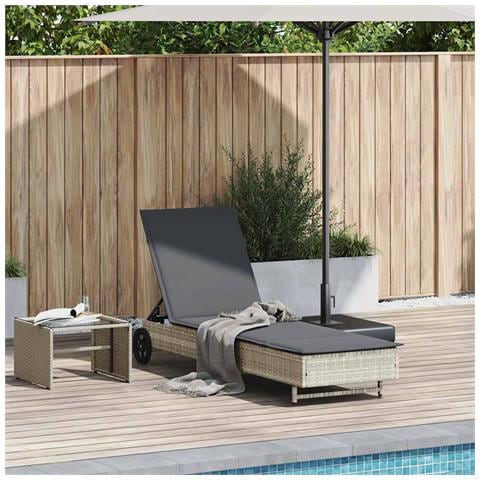 Lettino Prendisole con Ruote e Cuscino Polyrattan Grigio Chiaro - Foto 2