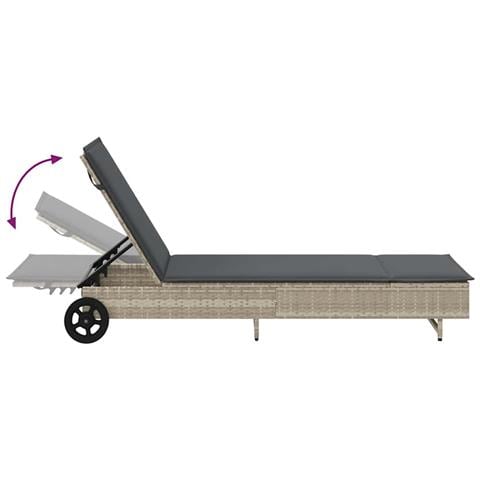 Lettino Prendisole con Ruote e Cuscino Polyrattan Grigio Chiaro - Foto 9