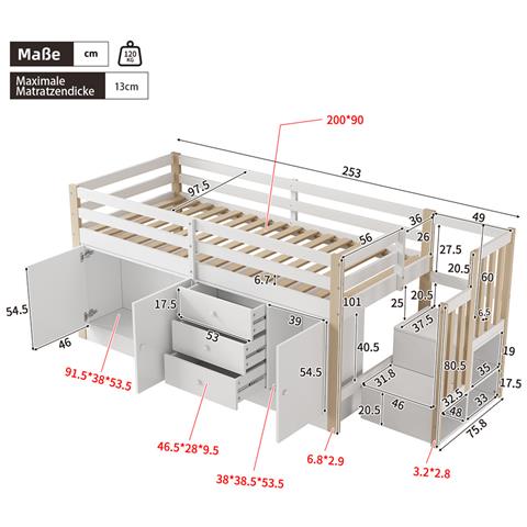 Letto A Soppalco 90x200cm, Culla Con Scale E Cassetti, Letto Singolo Multifunzionale, Con 2 Armadietti E Asta Appendiabiti, Senza Materasso, Bianco - Foto 2