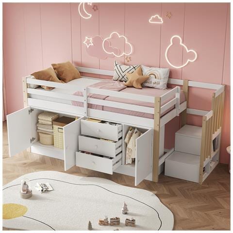 Letto A Soppalco 90x200cm, Culla Con Scale E Cassetti, Letto Singolo Multifunzionale, Con 2 Armadietti E Asta Appendiabiti, Senza Materasso, Bianco - Foto 1