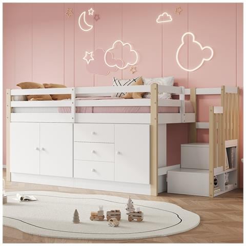 Letto A Soppalco 90x200cm, Culla Con Scale E Cassetti, Letto Singolo Multifunzionale, Con 2 Armadietti E Asta Appendiabiti, Senza Materasso, Bianco - Foto 4