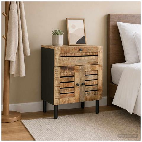 Comodino Naturale 50 x 33 x 60 cm Legno di mango massello - Foto 2