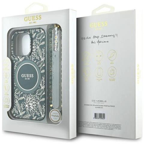 Guess Iml Flowers Allover Electro Con Cinturino Perliniu Magsafe Per Iphone 16 Pro Max - Verde - Foto 1