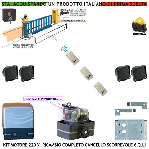 Kit Motore Cancello Scorrevole 6 Quintali 220 V Ricambio 2 Fotocellule Incasso Faro Antenna 3 Radiocomandi Selettore - Foto 1