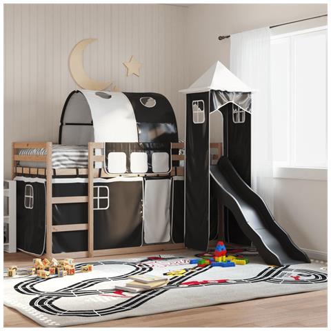 Letto A Castello Con Scivolo E Tende Bianco E Nero 80x200 Cm - Foto 1