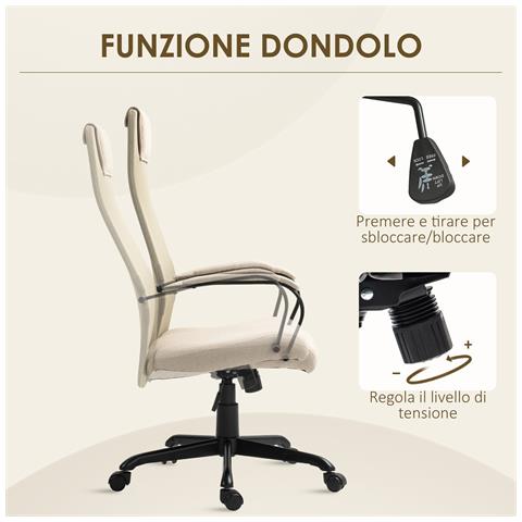 Sedia da Ufficio Ergonomica Girevole con Reclinazione, Altezza Regolabile e Ruote, 58x61x115-125cm, Beige - Foto 2
