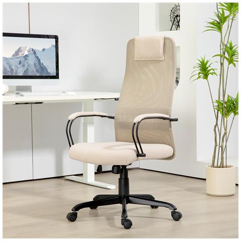 Sedia da Ufficio Ergonomica Girevole con Reclinazione, Altezza Regolabile e Ruote, 58x61x115-125cm, Beige - Foto 6