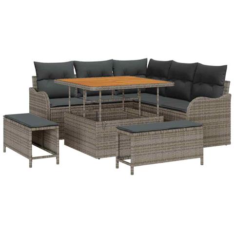 Set di divani da giardino 8 pezzi con cuscini Grigio Rattan Poliestere, Divano da giardino 2 posti con cuscini Grigio Rattan Poliestere, Set da pranzo da giardino 3 pezzi con cuscini Grigio Rattan Poliestere - Foto 1