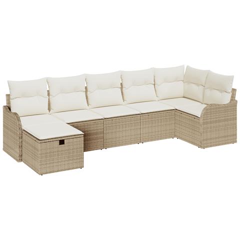 Set Divano da Giardino 7 Pezzi con Cuscini Beige in Polyrattan, Divano da Giardino 2 Posti con Cuscini Beige in Polyrattan - Foto 1