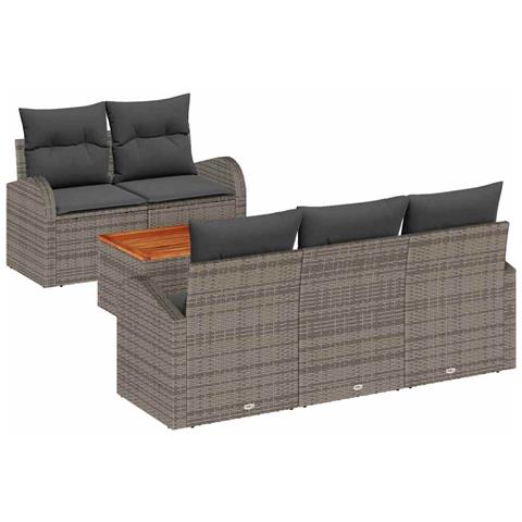 Set Divano da Giardino a 6 Pezzi con Cuscini Grigi in Polirattan e Tavolo in Acacia, Divano da Giardino a 2 Posti con Contenitore e Cuscini Grigi in Polirattan - Foto 1