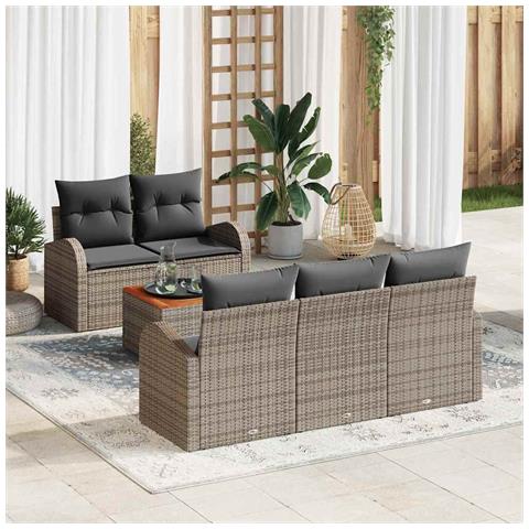 Set Divano da Giardino a 6 Pezzi con Cuscini Grigi in Polirattan e Tavolo in Acacia, Divano da Giardino a 2 Posti con Contenitore e Cuscini Grigi in Polirattan - Foto 2