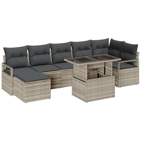 Set divano da giardino  8 pezzi con cuscini grigio chiaro in polirattan, Divano da giardino  2 posti con cuscini grigio in polirattan - Foto 1