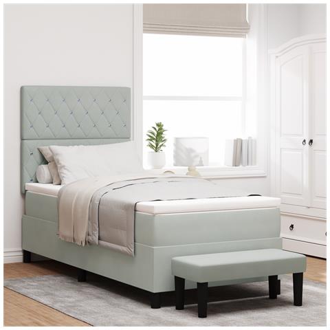 Letto Box Spring con Materasso e Panchina Grigio Chiaro 100x200 cm Velluto - Foto 2