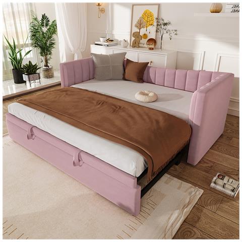 Letto Imbottito Con Letto Estraibile 90x200 Cm(180x200 Cm), Divano Letto, Letto Singolo, Letto Matrimoniale, Letto Da Giorno, Velluto, Rosa, Senza Materasso - Foto 1