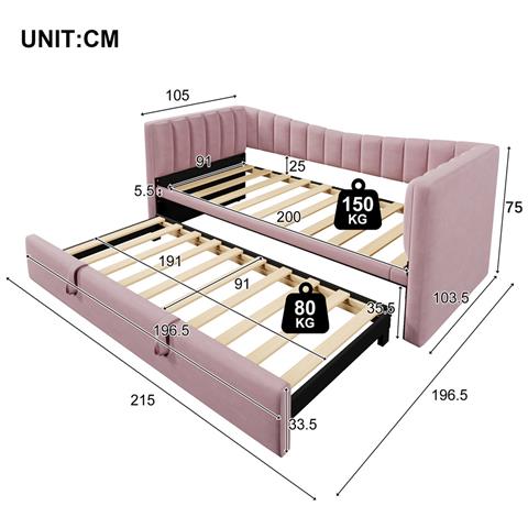 Letto Imbottito Con Letto Estraibile 90x200 Cm(180x200 Cm), Divano Letto, Letto Singolo, Letto Matrimoniale, Letto Da Giorno, Velluto, Rosa, Senza Materasso - Foto 4