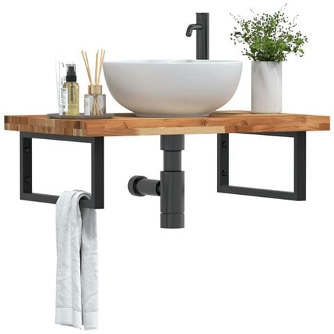 Ripiano a Parete per Lavabo in Acciaio e Massello di Acacia - Foto 2