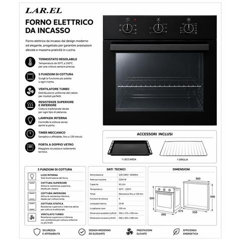 Forno Incasso LAREL 65 Litri 60cm Ventilato Nero L1305GN - Foto 2