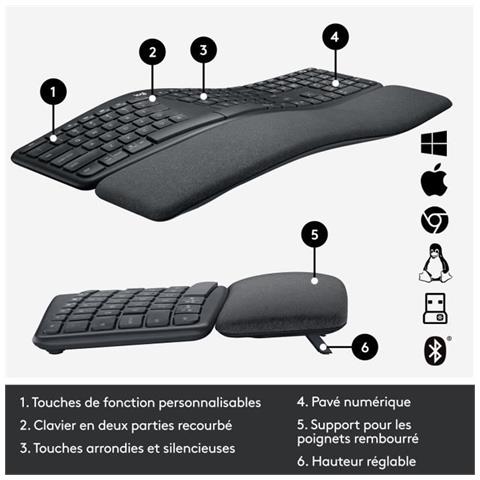 Tastiera Curvo Wireless RF + Bluetooth Ergo K860 Colore Graffite (Layout Francese)  - Foto 6