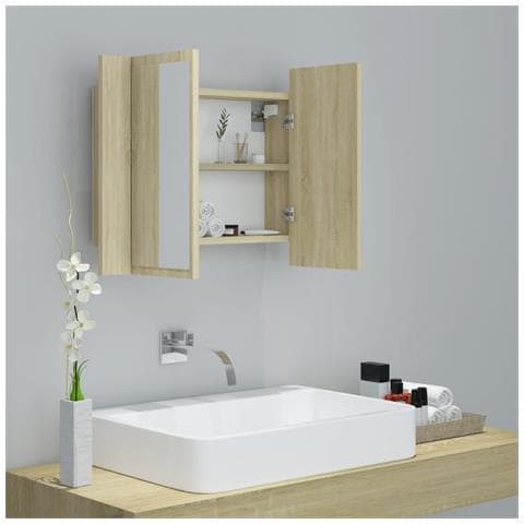 Armadietto a Specchio con Luci LED Rovere Sonoma in Acrilico - Foto 2