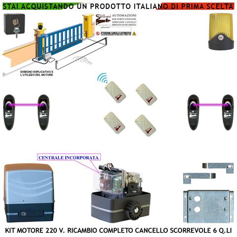 Kit Automatismo Motore 220 V Cancello Scorrevole 6 Quintali 220 V 4 Radiocomandi 2 Fotocellule Selettore Fare Ricambio - Foto 1