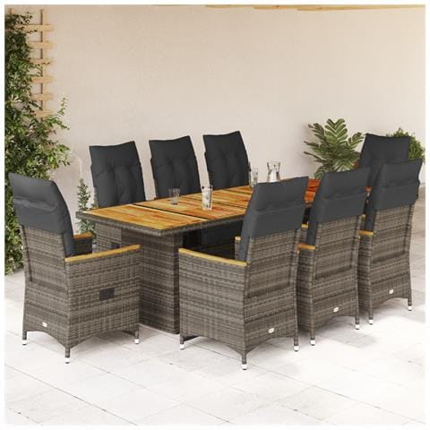 Set Bistrò Da Giardino 9 Pz Con Cuscini In Polyrattan Grigio - Foto 8