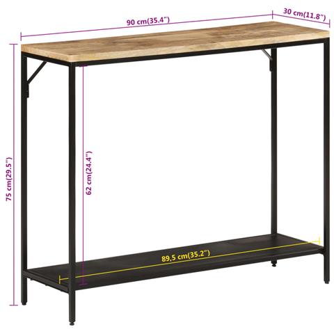Tavolo Consolle 90x30x75cm Legno Massello Mango Grezzo E Ferro - Foto 8