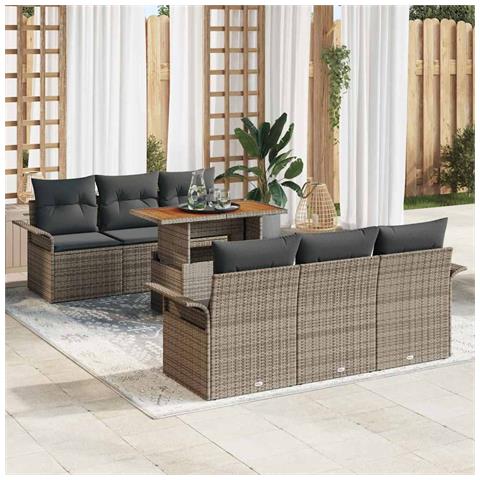 Set da Giardino in 7 Pezzi di con Cuscini Grigi in Rattan e Acacia - Foto 2
