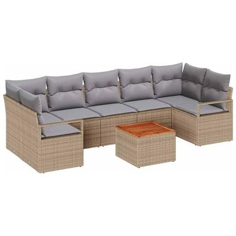Set di divani da giardino  8 pezzi con cuscini Beige Polyrattan Acacia, Divano da giardino  2 posti con cuscini Beige Polyrattan - Foto 1