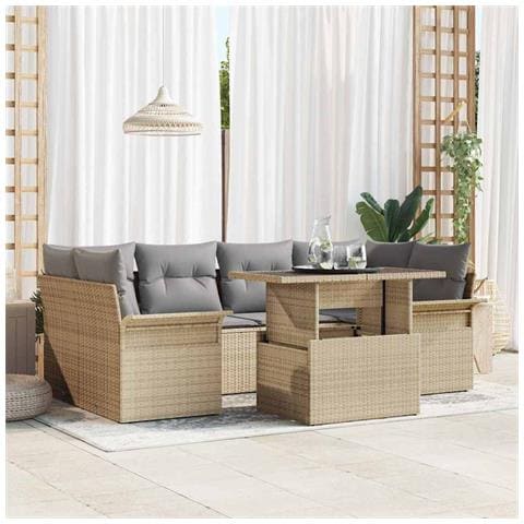 Set Divano da Giardino 7 Pezzi con Cuscini Beige in Rattan e Poliestere, Divano da Giardino 2 Posti con Ripostiglio e Cuscini Beige in Rattan - Foto 2