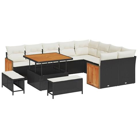 Set Divano Giardino  12 Pezzi con Cuscini Nero Rattan Polietilene Acacia, Set da Pranzo Giardino  3 Pezzi con Cuscini Nero Rattan Polietilene Acacia - Foto 1