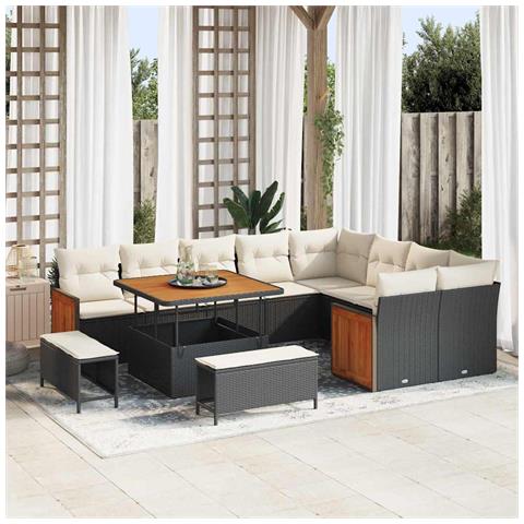 Set Divano Giardino  12 Pezzi con Cuscini Nero Rattan Polietilene Acacia, Set da Pranzo Giardino  3 Pezzi con Cuscini Nero Rattan Polietilene Acacia - Foto 2