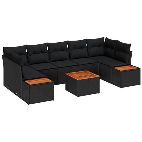 Set divano da giardino 8 pezzi con cuscini nero polyrattan acacia - Foto 1