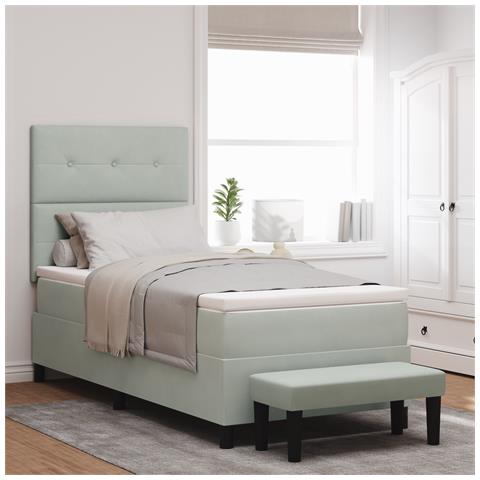 Letto Box Spring con Materasso e Panchina Grigio Chiaro 100x200 cm Velour - Foto 2