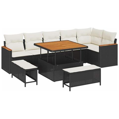 Set Divano da Giardino con cuscino 9 pcs Nero Poly Rattan - Foto 1