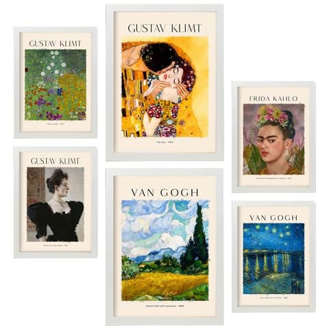 Set Di 6 Stampe Galleria Di Dipinti Frida Klimt Van Gogh Dipinti Decorativi Per Il Tuo Soggiorno, Camera Da Letto, Stampe Artistiche Da Parete Per La Casa A3 & A4 Cornice Bianca - Foto 1